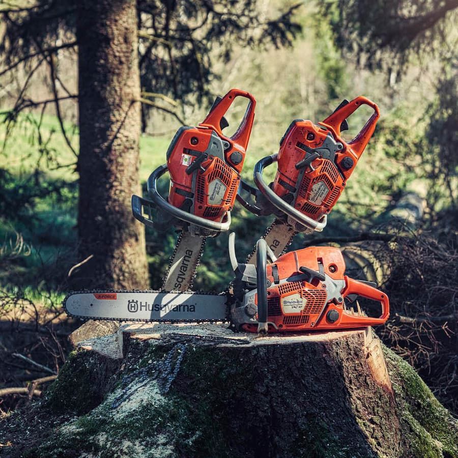 Two Chainsaws Are Sitting On Top Of A Tree Stump — Mid Coast Mowers In Taree, NSW
