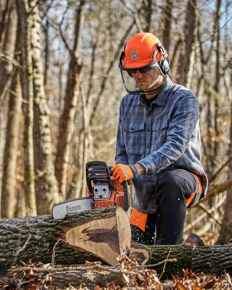 A Man Is Cutting A Log With A Chainsaw In The Woods — Mid Coast Mowers In Taree, NSW