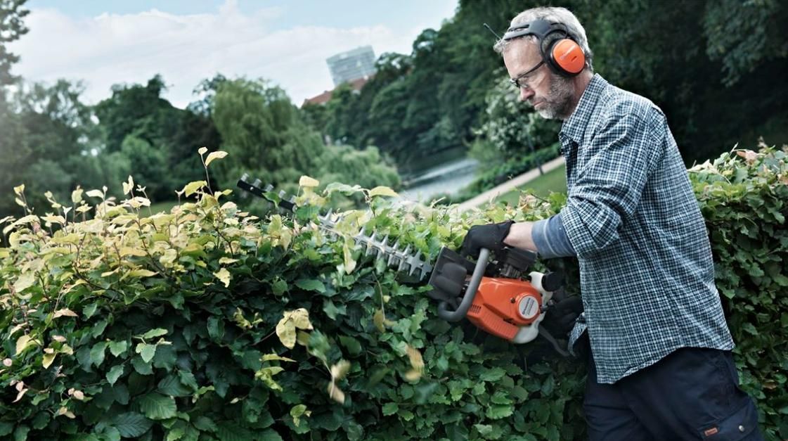 Man Trimming a Hedge Outdoors With a Power Trimmer — Mid Coast Mowers In Taree, NSW