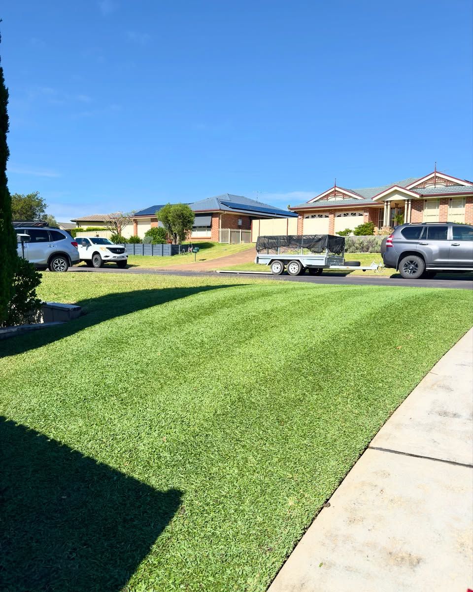 Lush Green Lawn With Fresh Mowing Stripes, Street View of Houses, Vehicles, and a Trailer — Mow & Mulch Lawn & Garden Maintenance In Soldiers Point, NSW