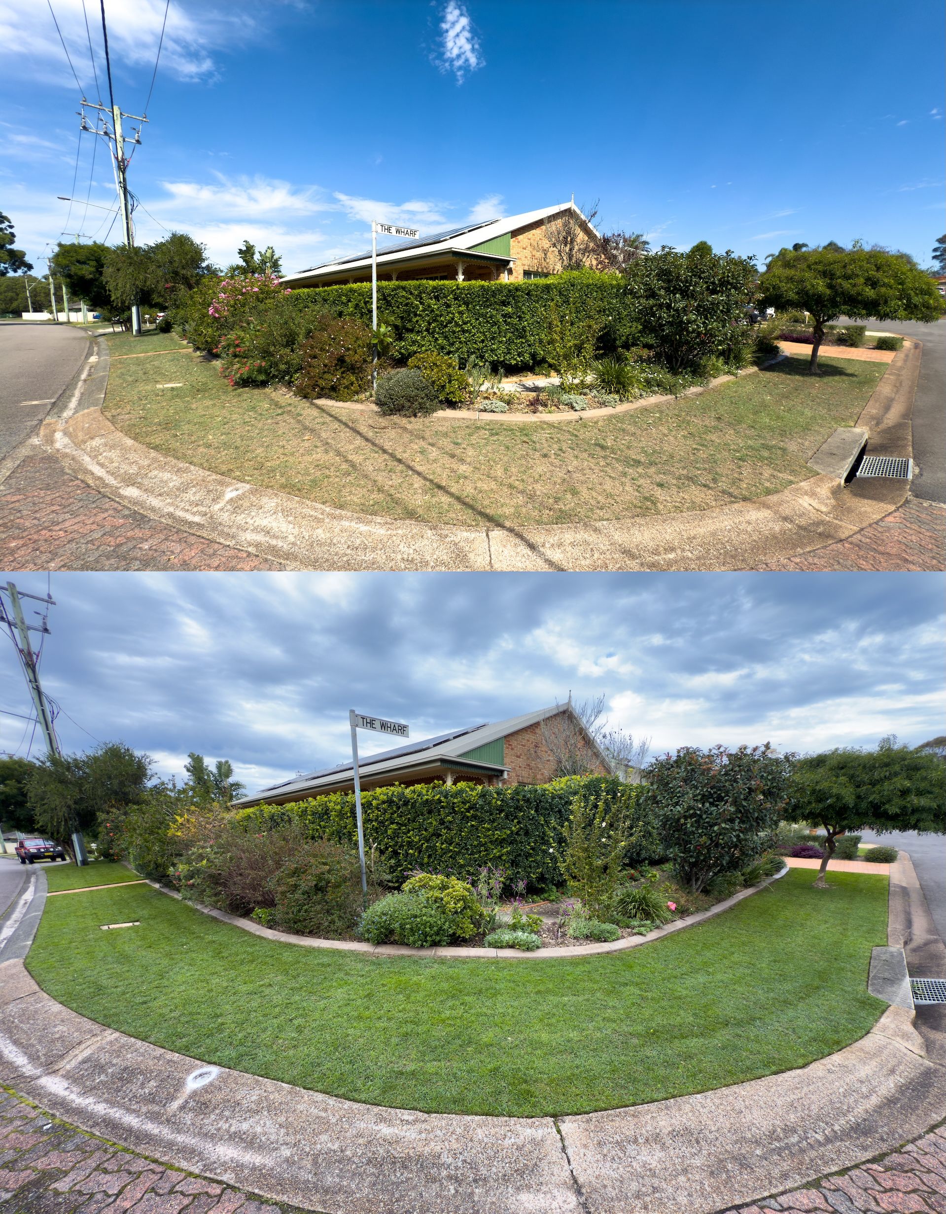 A Green Lawn Next to a Sidewalk and a Building on a Sunny Day — Mow & Mulch Lawn & Garden Maintenance In Soldiers Point, NSW