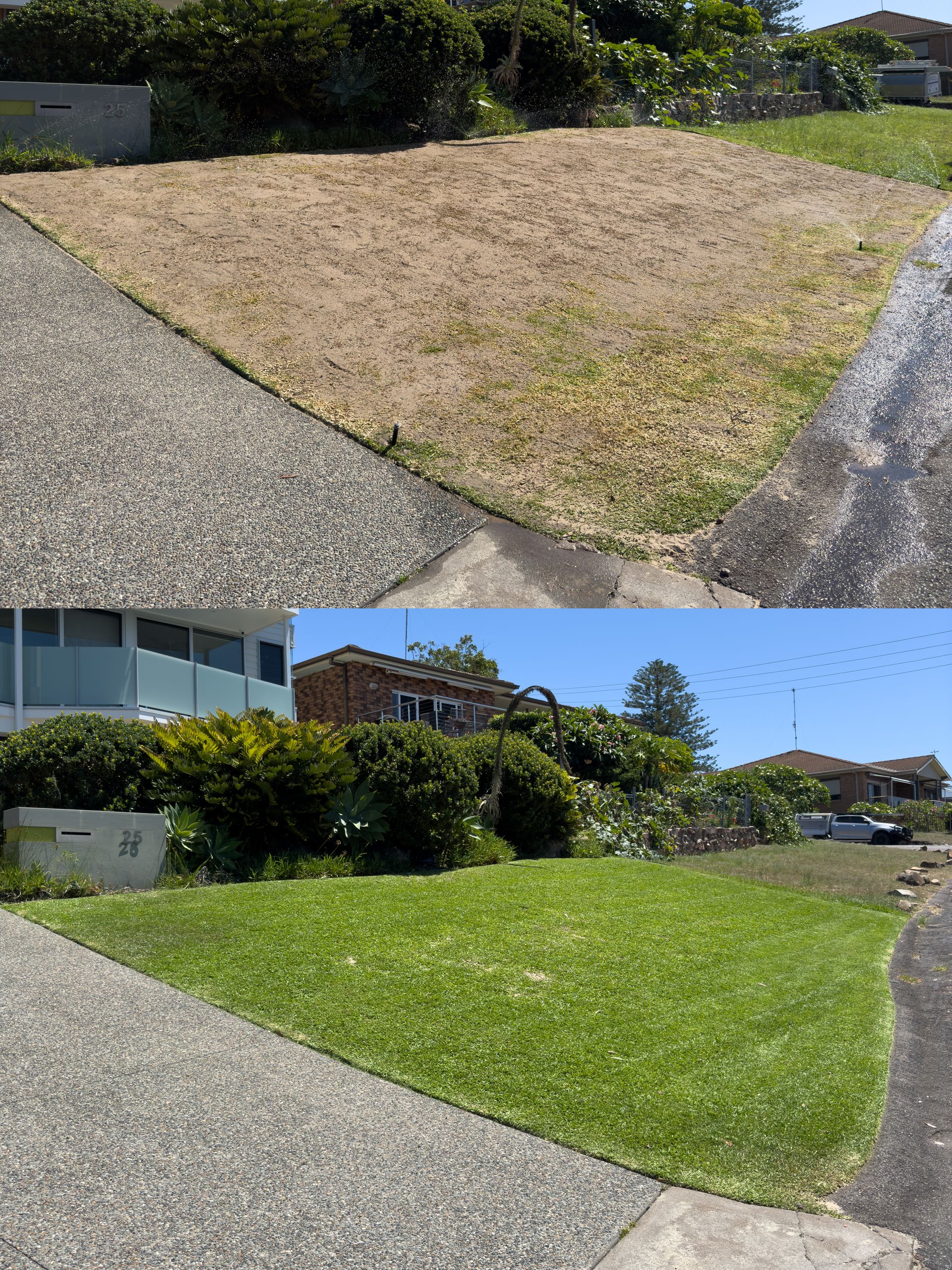 Well-manicured Green Lawn in Front of a White House — Mow & Mulch Lawn & Garden Maintenance In Soldiers Point, NSW