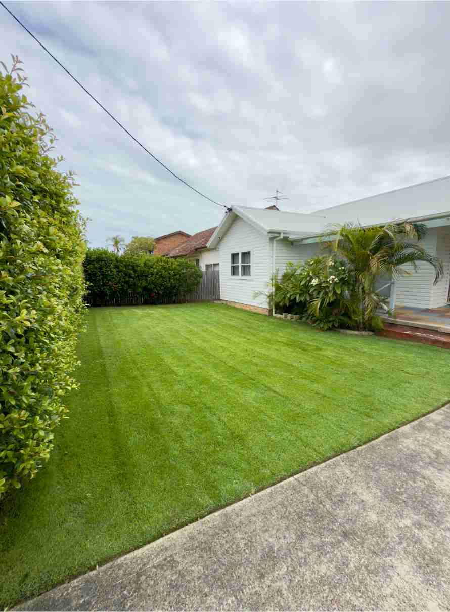 Well-manicured Green Lawn in Front of a White House on a Cloudy Day — Mow & Mulch Lawn & Garden Maintenance In Corlette, NSW