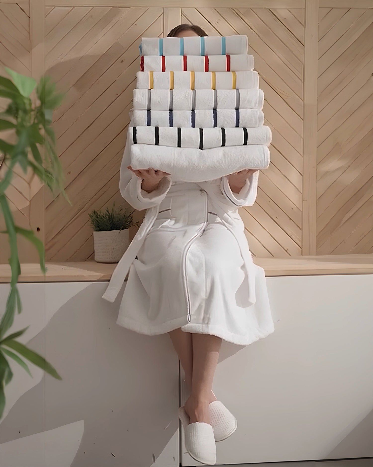 Person in white dress holding a stack of books over their face, standing against a woven wall backdrop.