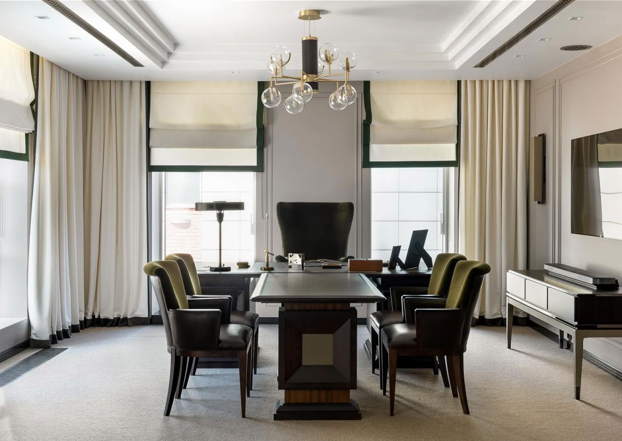 Elegant dining room with dark table, black chairs, chandelier, and large windows with curtains