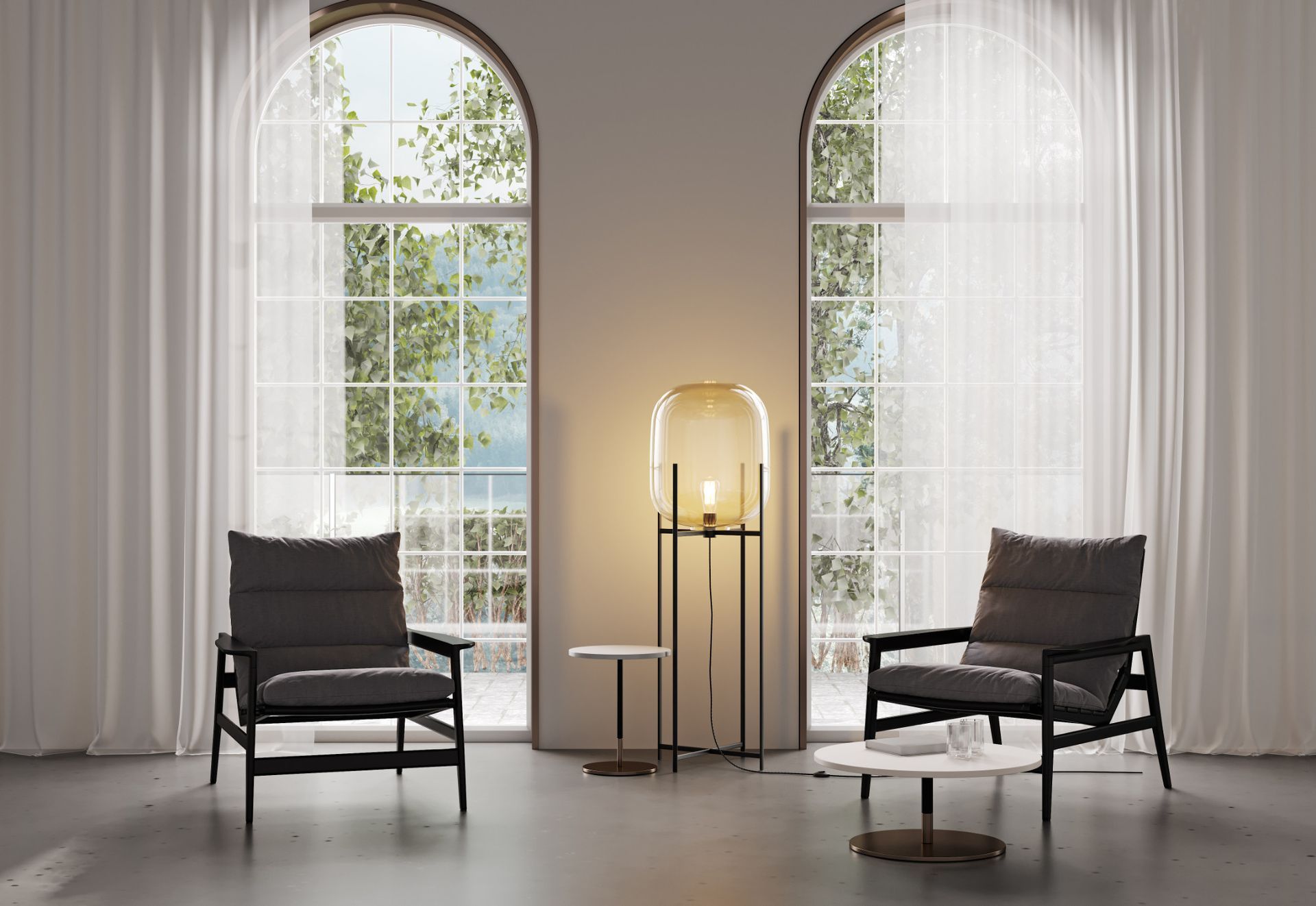 Modern lounge with two black chairs, a round side table, gold floor lamp, and tall arched windows.
