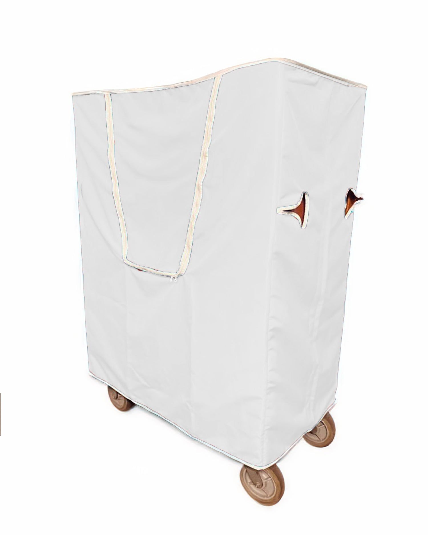 White fabric cover on a wheeled cart or laundry hamper trolley