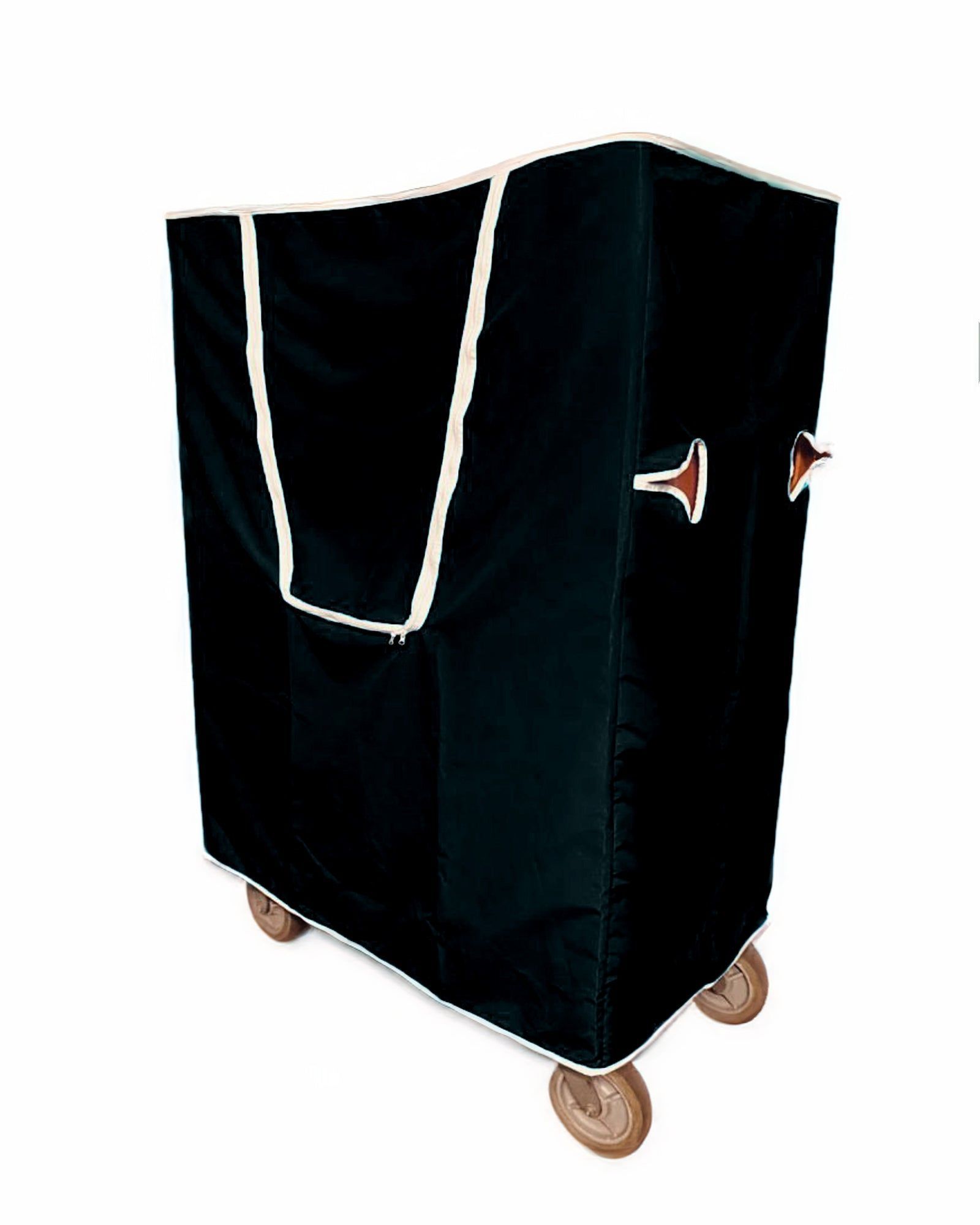 Black wheeled cart or covered trolley with white trim and wooden casters