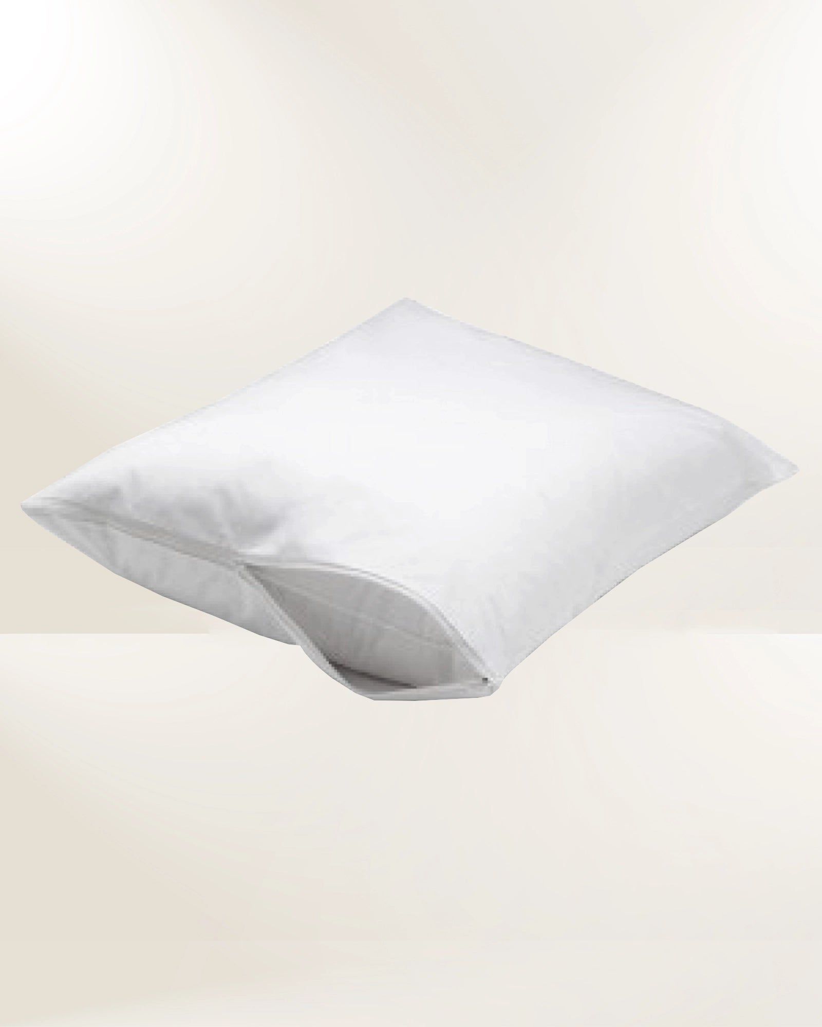 White square pillow with a gray opening/zipper on a plain light background
