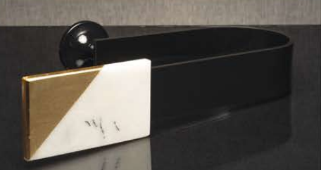 Black metal belt with a gold-and-white rectangular buckle on a dark surface