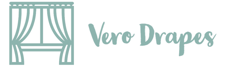 Vero Drapes logo with a teal curtain icon and script text on a white background