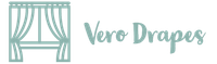 Vero Drapes logo with a teal curtain icon and script text on a white background