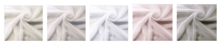 Five fabric swatches in cream, beige, gray-blue, blush pink, and taupe with soft folded texture
