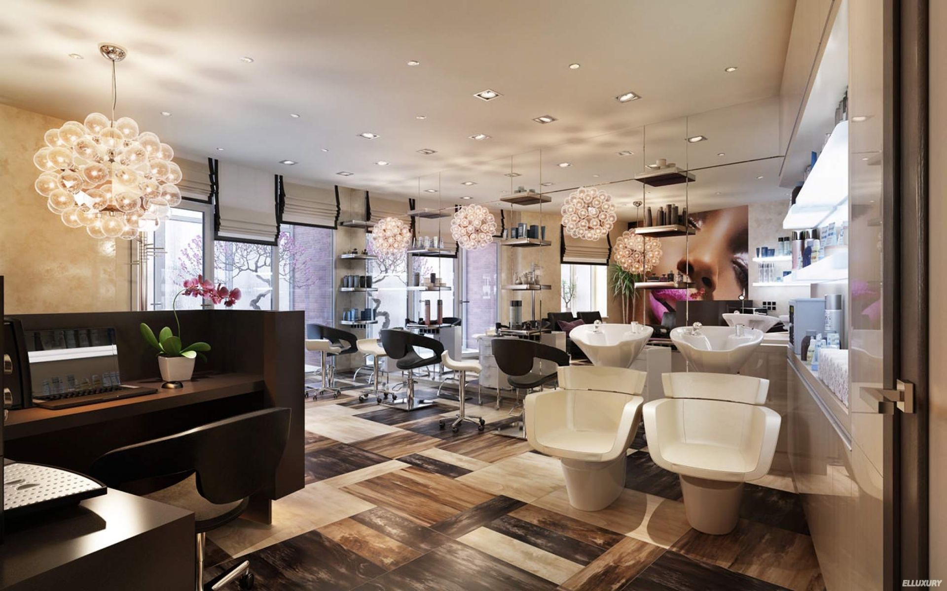 Modern, brightly lit hair salon with styling chairs, mirrors, and reception seating