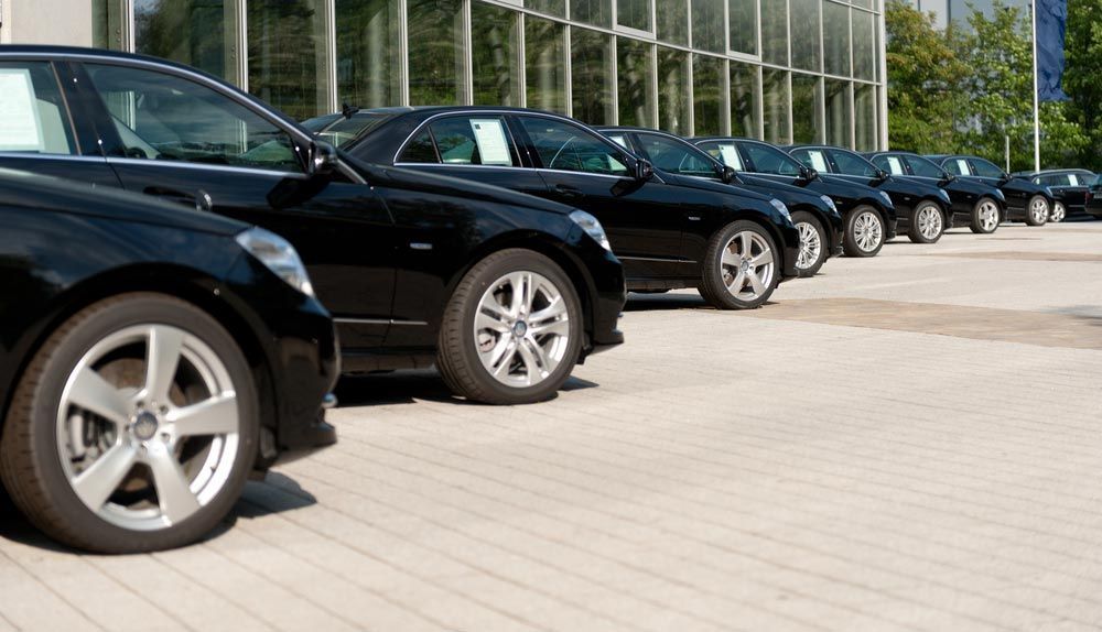 A Row of Black Cars Are Parked in Front of a Building — Dave's Used Cars In Stuart, NT