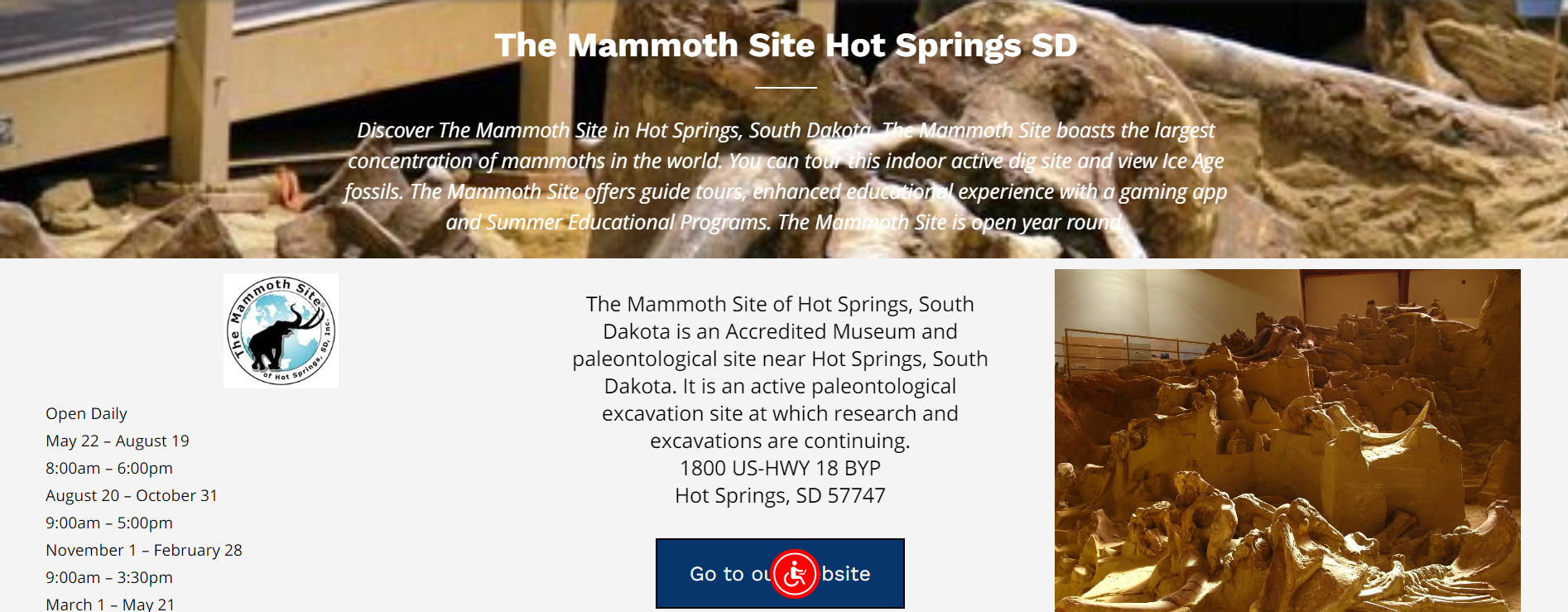 A website for the mammoth site hot springs sd