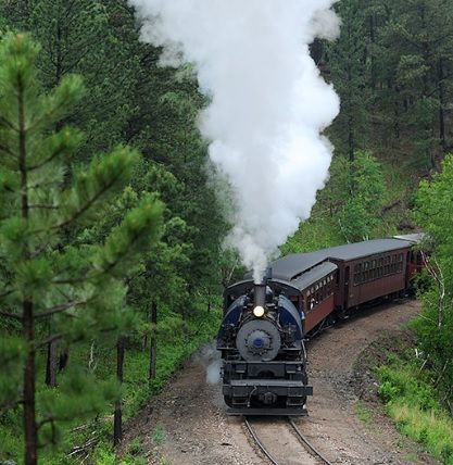 The 1890 train is going down the tracks in the woods