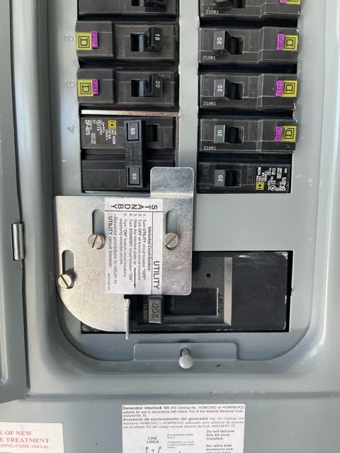 Electrical panel with breakers and a lockout device installed.