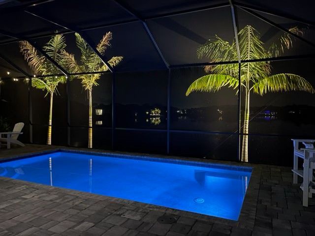A nighttime scene with a blue-lit pool, palm trees, and a screened enclosure; patio with a brick-like pattern.