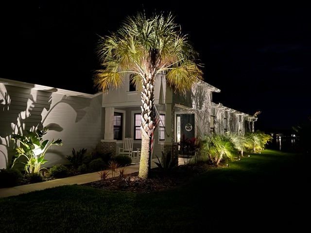 Night-lit white house with palm tree in front. Green landscaping glows. Dark sky.