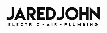 JARED JOHN logo in white text with “Electric • Air • Plumbing” beneath on a transparent background