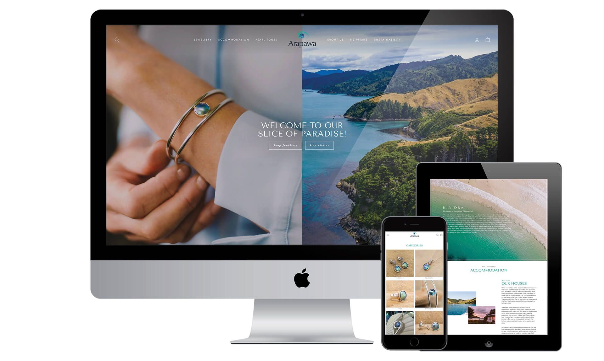Arapawa Blue Pearls and Accommodation website designed by Vanilla Hayes creative graphic design studio in Blenheim, Marlborough, New Zealand