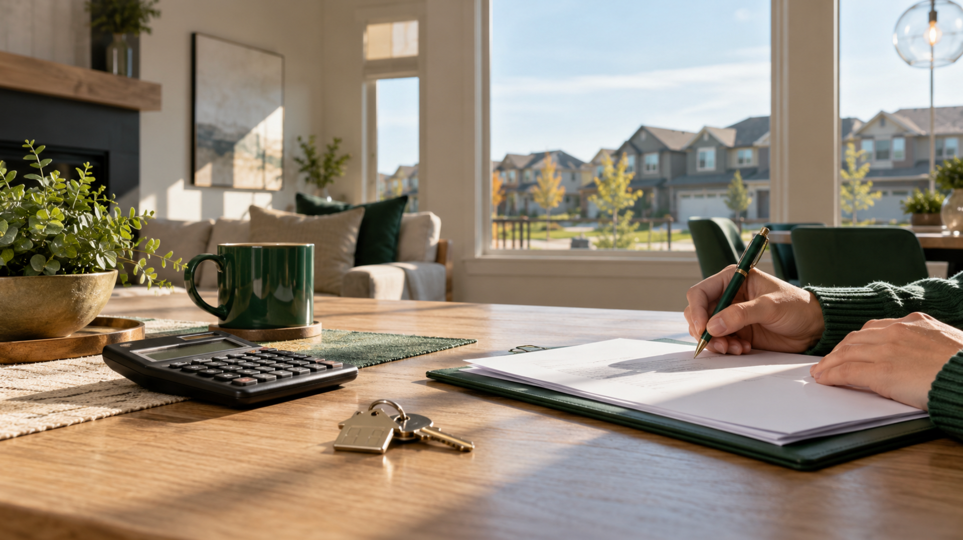 House keys, calculator, and closing paperwork on a table overlooking an Alberta neighbourhood.