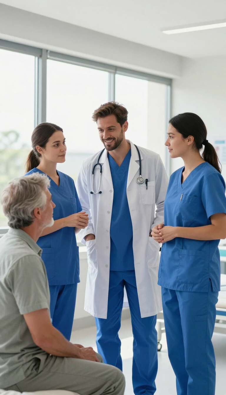 Personal médico de Importaciones Ronomedic atendiendo a paciente en entorno clínico moderno.