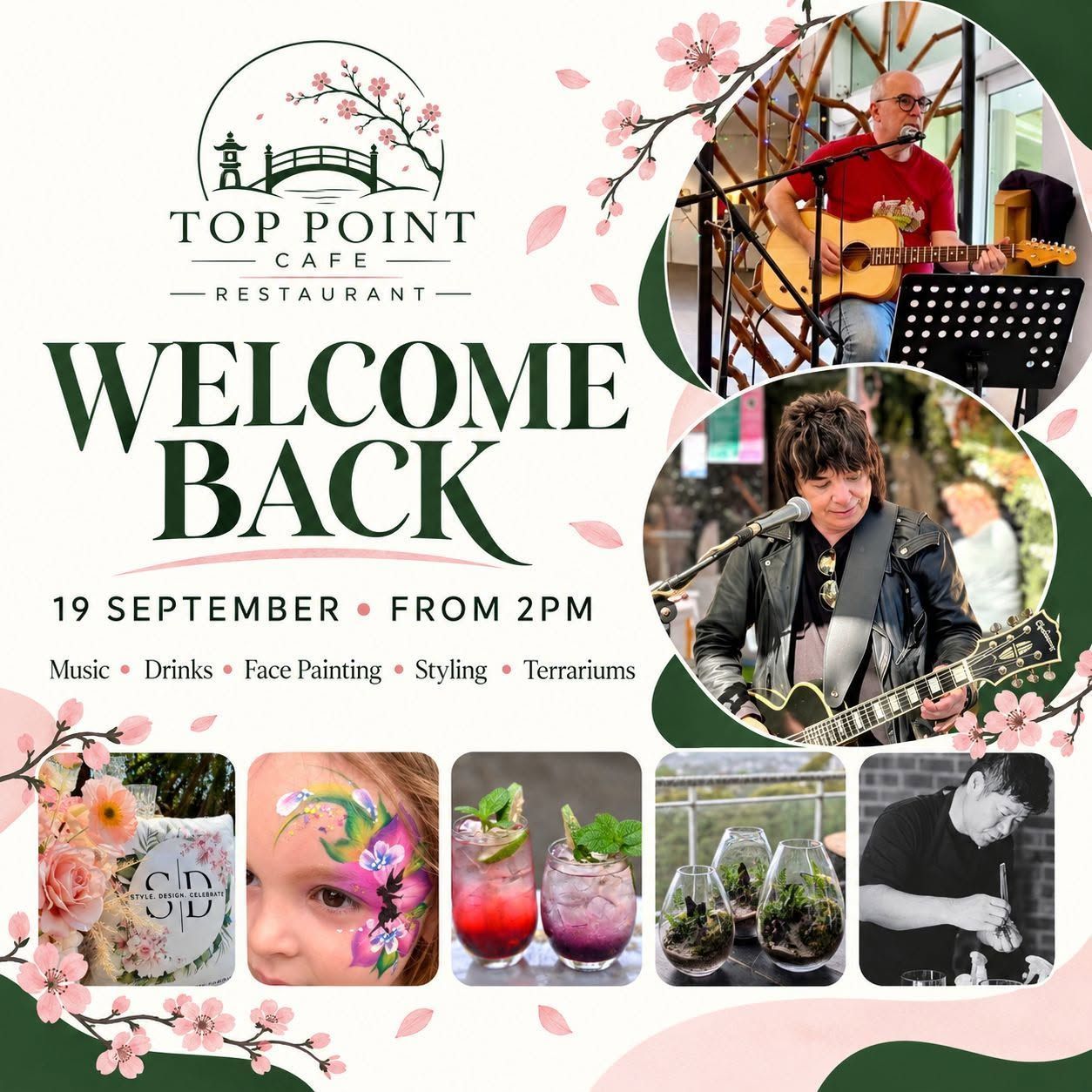 Top Point Cafe “welcome Back” Event Poster With Live Music, Drinks, Food, and Games on 19 September From 2pm — Top Point Café In East Gosford, NSW