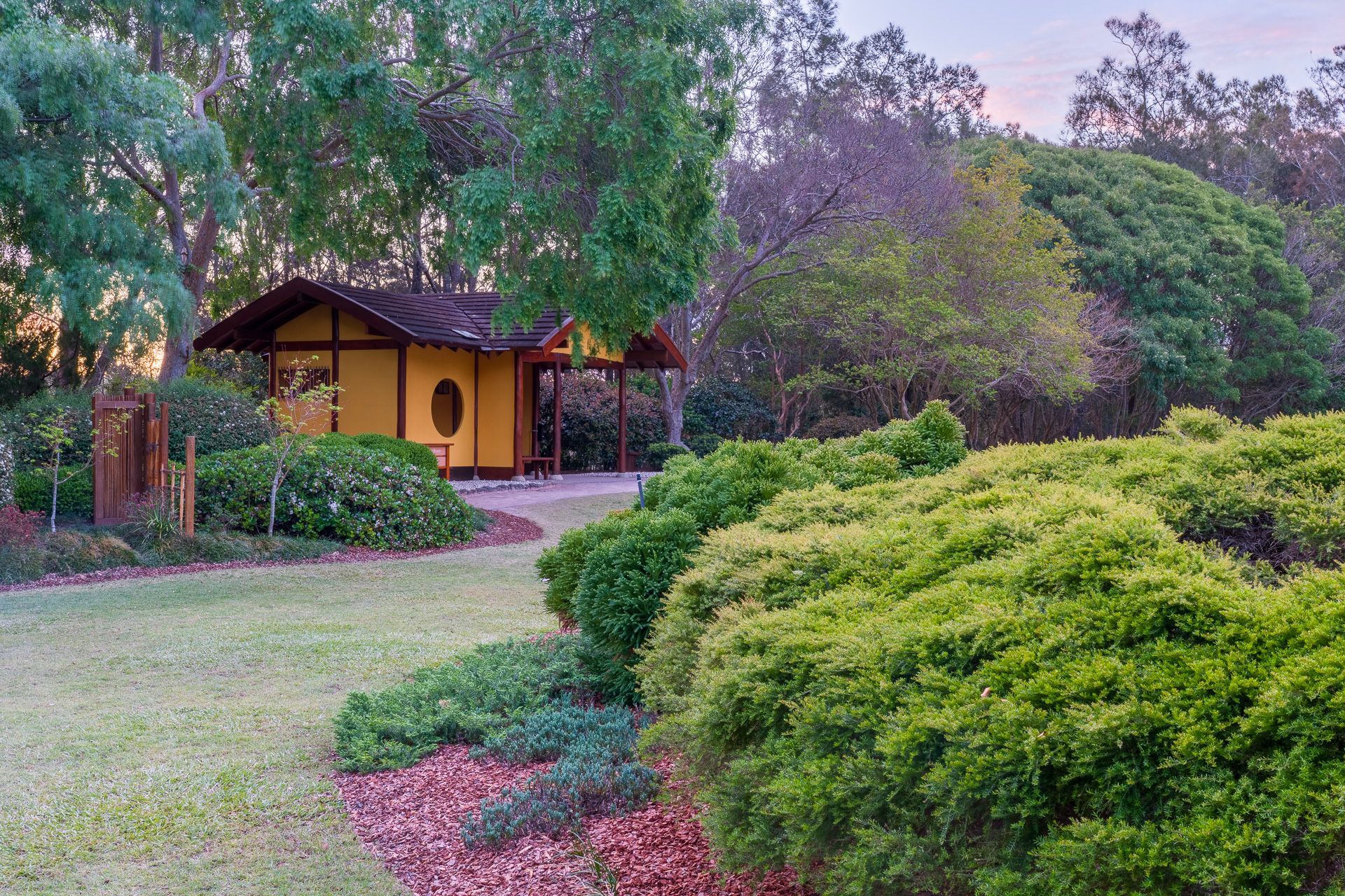 Small yellow cottage surrounded by lush green trees and shrubs in a garden path setting — Top Point Café In East Gosford, NSW