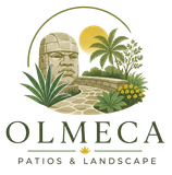 Olmeca Patios & Landscape logo with stone face, palms, plants, path, and sun in green and gold