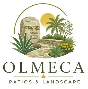Olmeca Patios & Landscape logo with stone face, palms, plants, path, and sun in green and gold