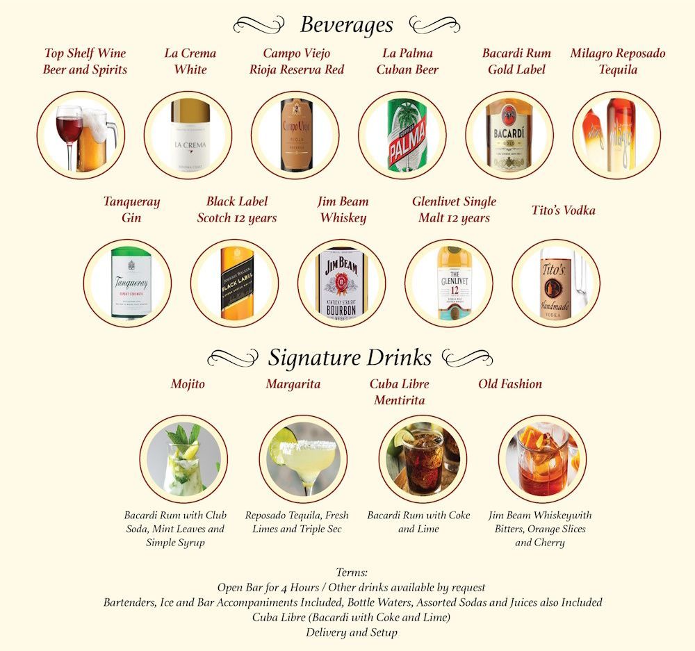 Beverage menu with various alcoholic drinks listed and displayed with bottles and glasses.