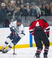 A hockey player with the number 4 on the back of his jersey