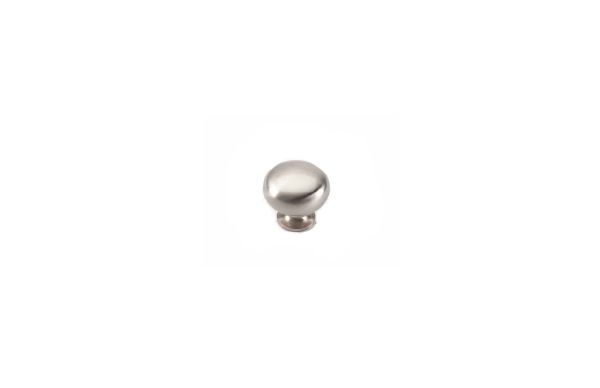 A small stainless steel knob on a white background.