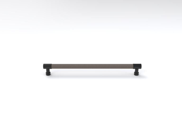 A metal bar with two black handles on a white background.