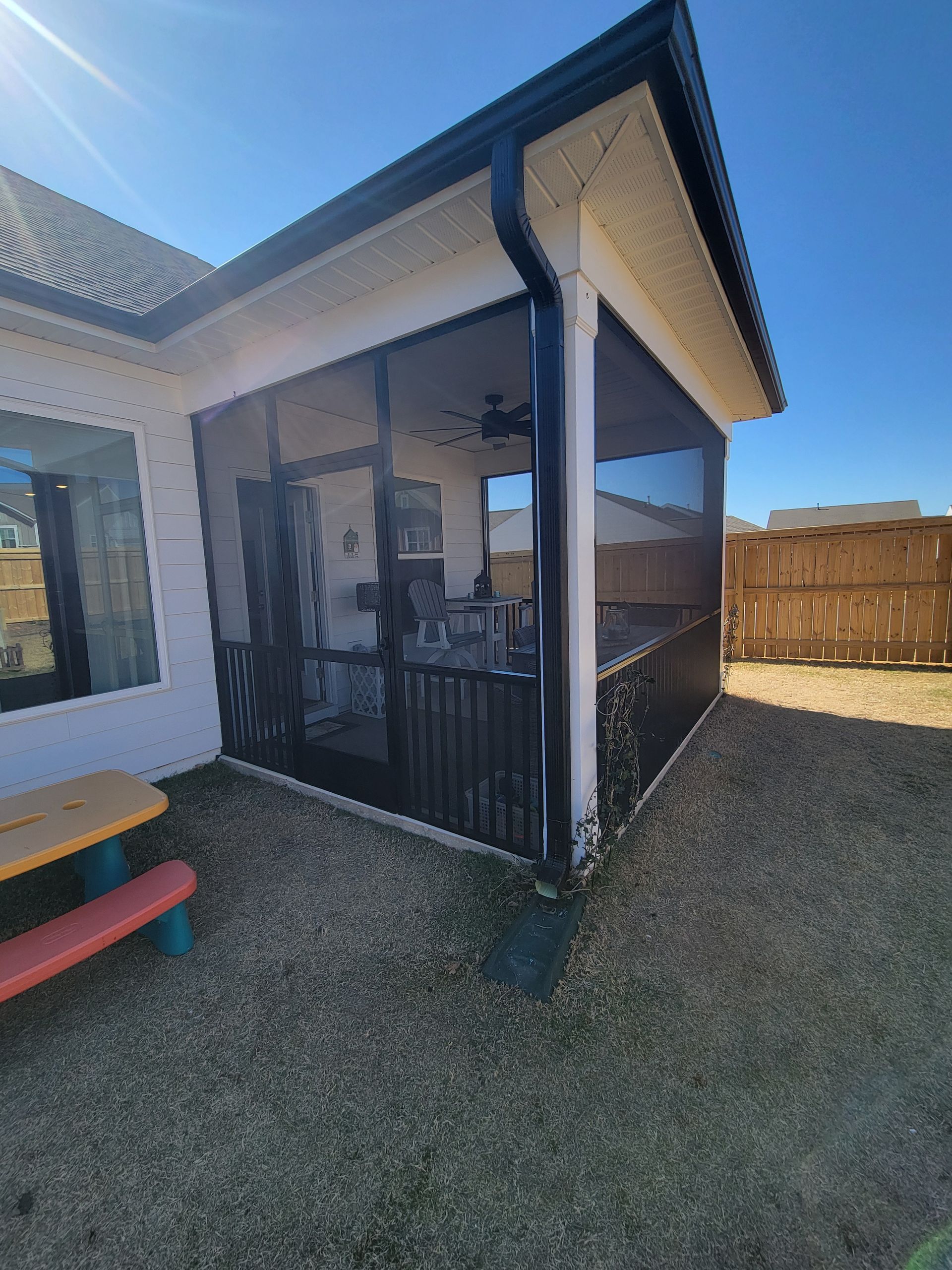 Covered backyard patio with black screen enclosure beside a white house and wooden fence.