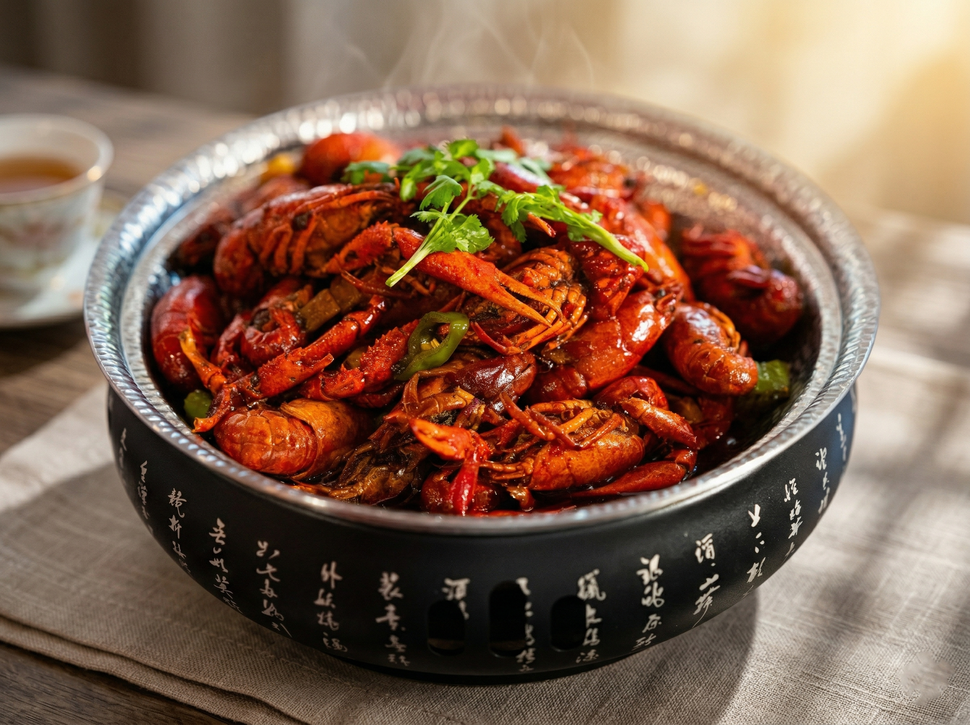 A steaming bowl of spicy red crawfish served in an ornate, dark bowl with Chinese calligraphy on a table.