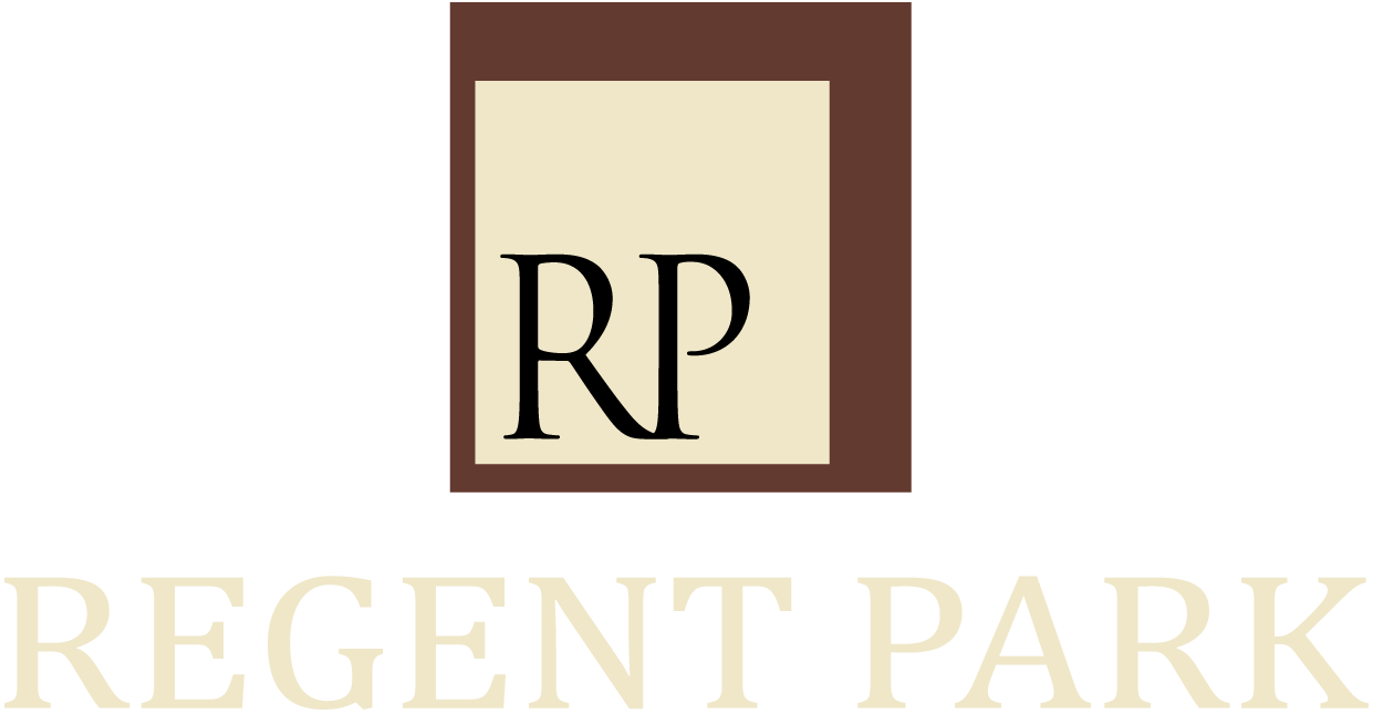 Logo of Regent Park: brown square frame with inner cream square and black "RP" initials, below "REGENT PARK" text.