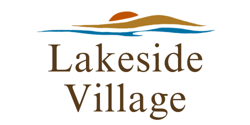 The logo for lakeside village shows a sunset over a lake.