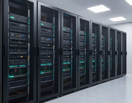 Data center server room with illuminated racks