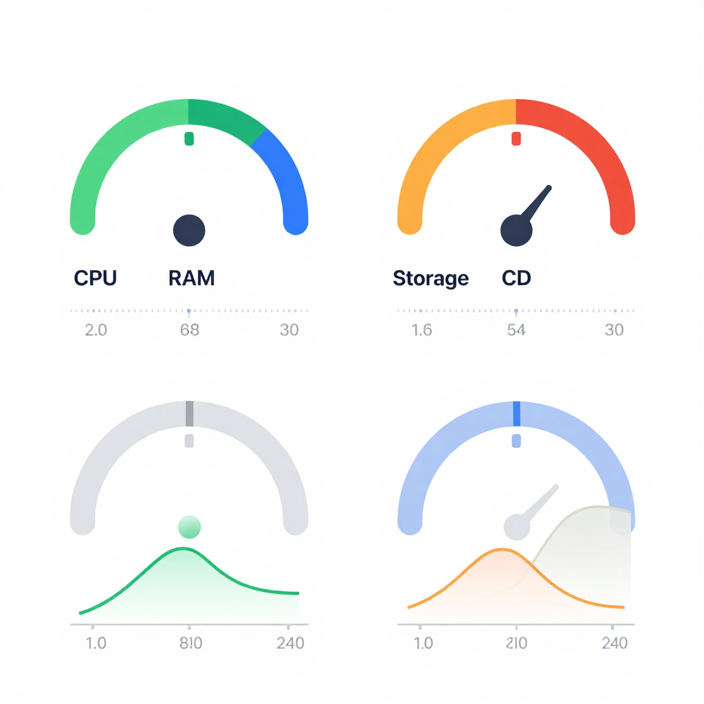 Usage dashboard with CPU, RAM, storage and bandwidth meters
