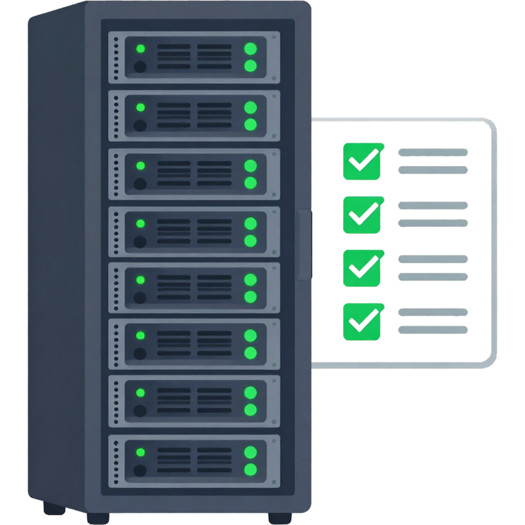 Server rack with uptime status indicators and checkmarks