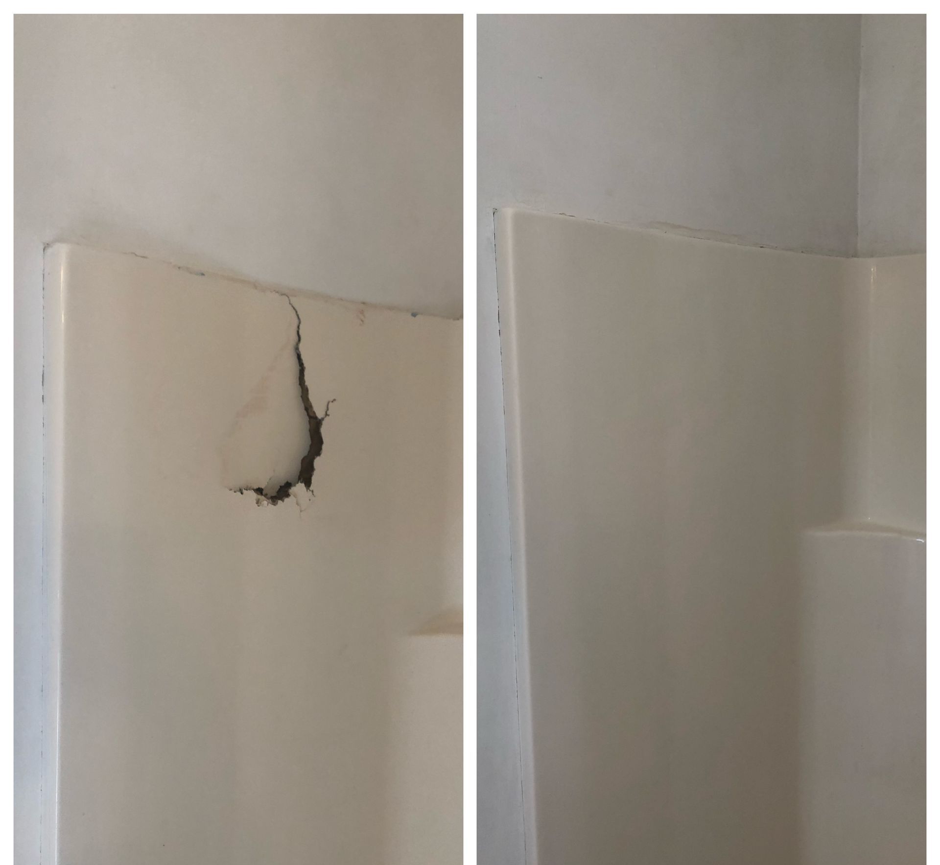 A before and after picture of a wall with a hole in it.