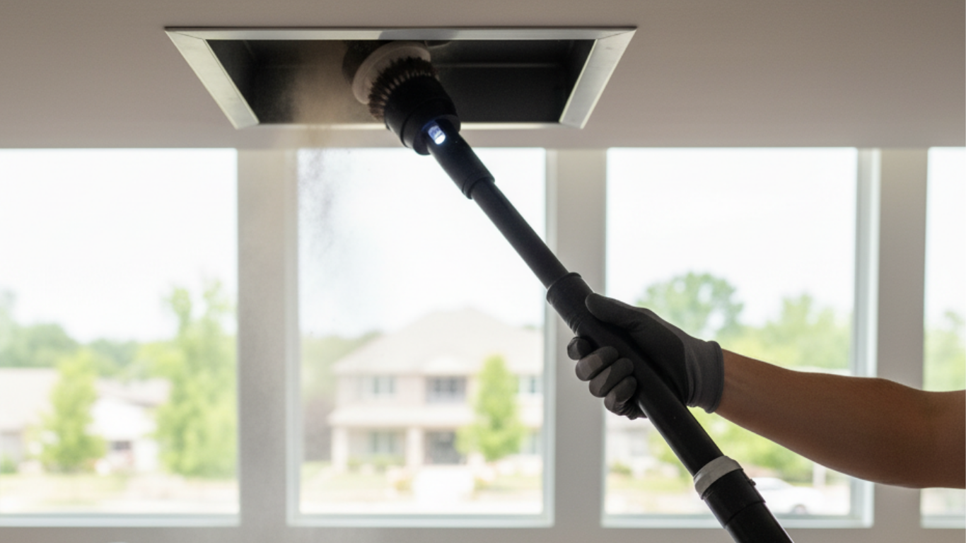 Person using a long vacuum attachment to clean a ceiling air vent indoors