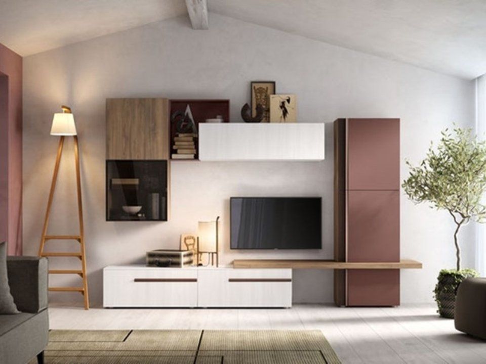 parete attrezzata con tv, moduli bianchi, in legno e color malva
