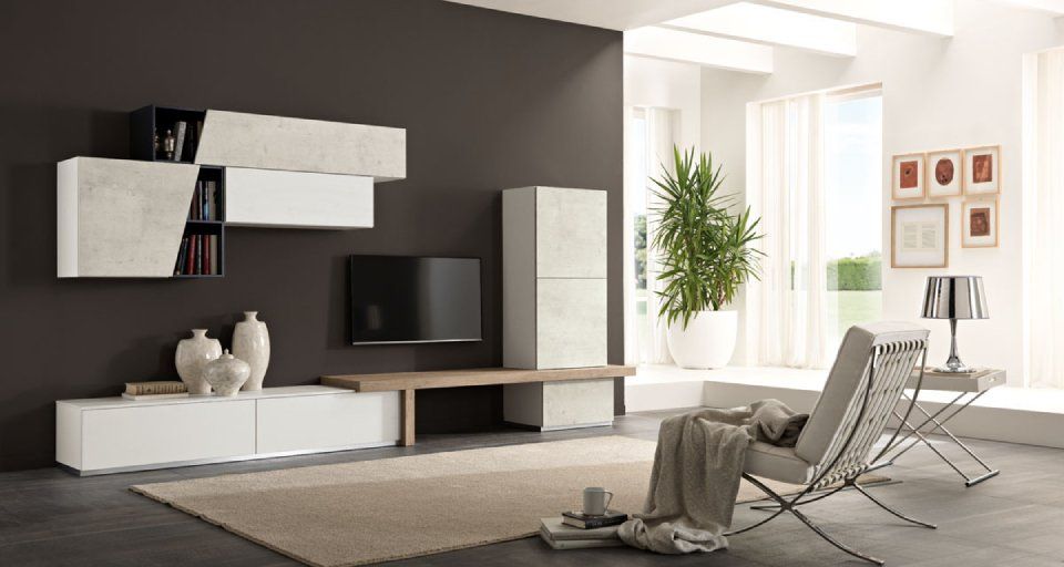 parete attrezzata grigio antracite con moduli bianchi