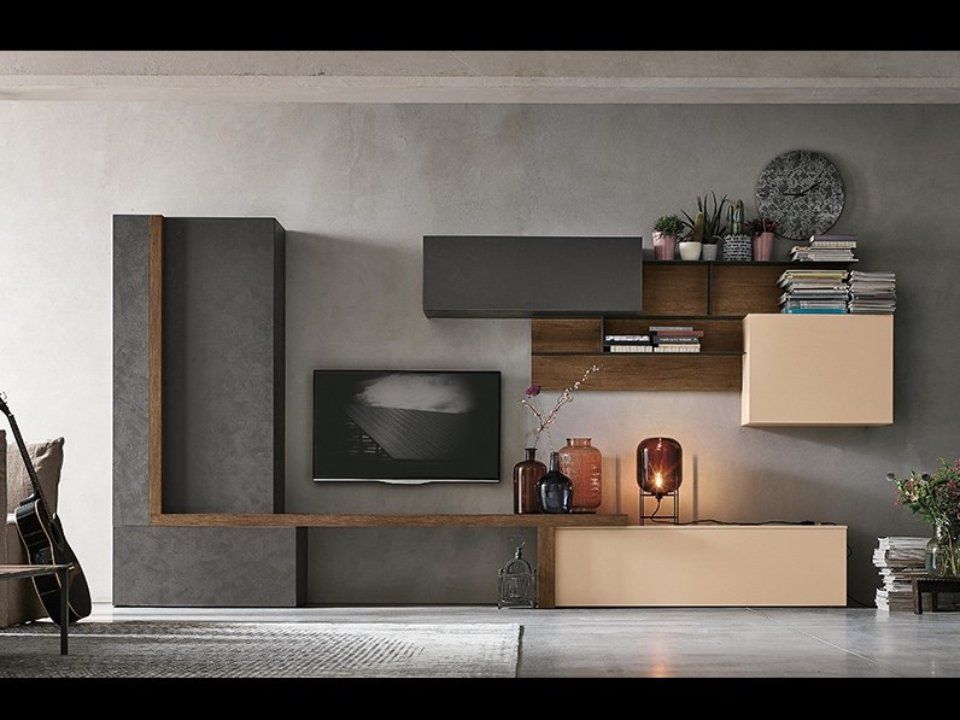 parete attrezzata con moduli beige e grigio scuro