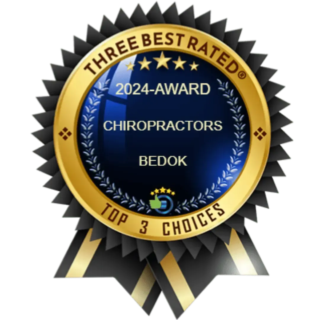 Award badge for “Three Best Rated” 2024 chiropractors in Bedok, gold and blue with ribbon streamers