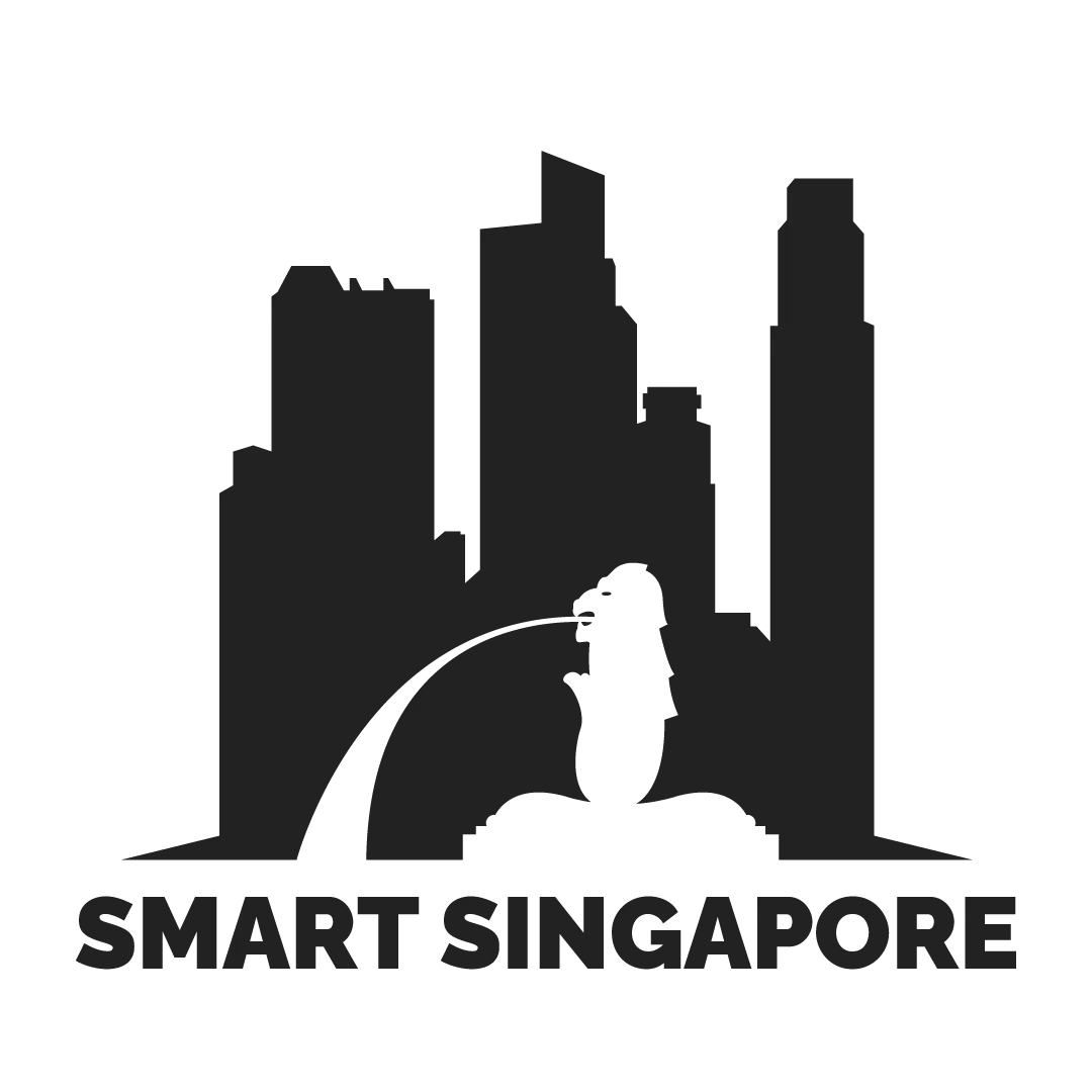 Smart Singapore logo with black skyline, Merlion silhouette, and text on white background